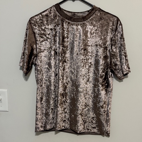 Tops - Women’s Velvet Short Sleeve Top - Metallic Brown